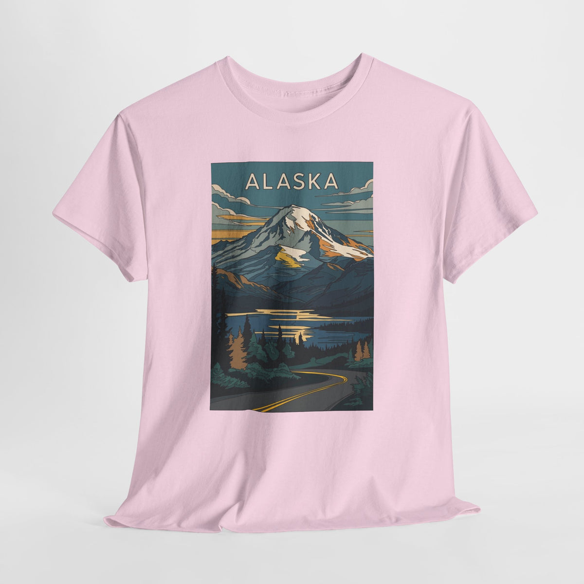 Alaska vintage mountain poster t-shirt with peaks, a lake and evergreen trees