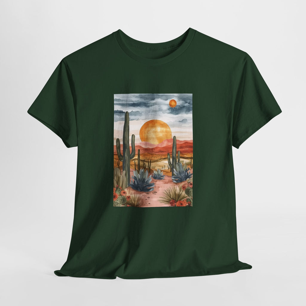 Desert sunset t-shirt with watercolor saguaro cacti and an amber sun