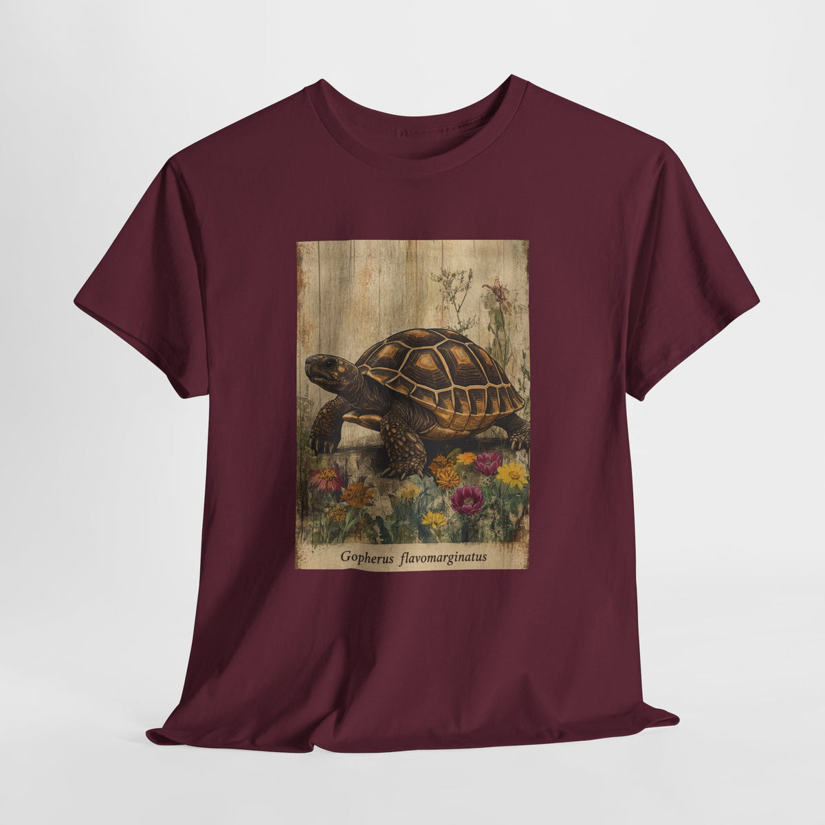 Bolson tortoise t-shirt with a vintage tortoise among wildflowers