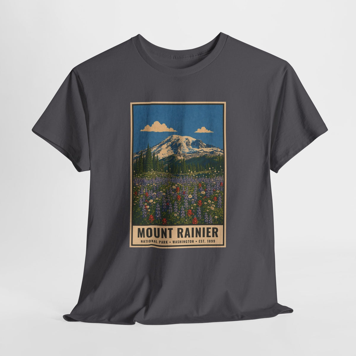 Mount Rainier National Park vintage poster t-shirt with the peak above wildflower meadows