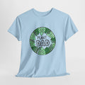 Plant dad t-shirt with a hand-drawn circle of leaves around the words Plant Dad