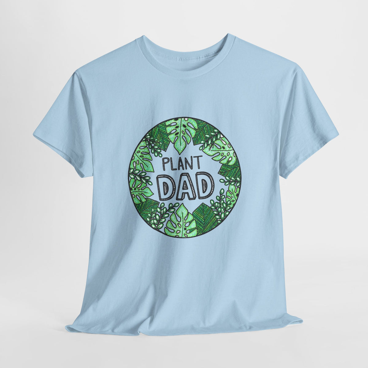 Plant dad t-shirt with a hand-drawn circle of leaves around the words Plant Dad