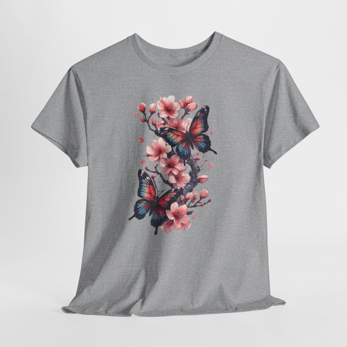Floral t-shirt with two watercolor butterflies among pink cherry blossoms