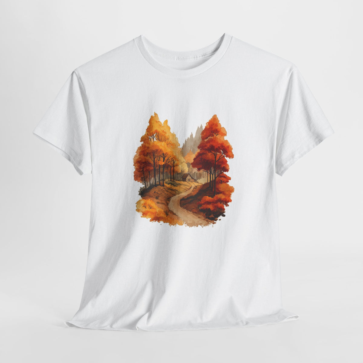 Autumn forest t-shirt with a watercolor winding path through amber trees