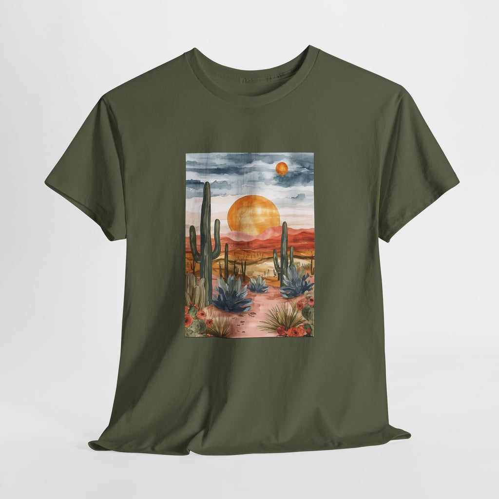 Desert sunset t-shirt with watercolor saguaro cacti and an amber sun