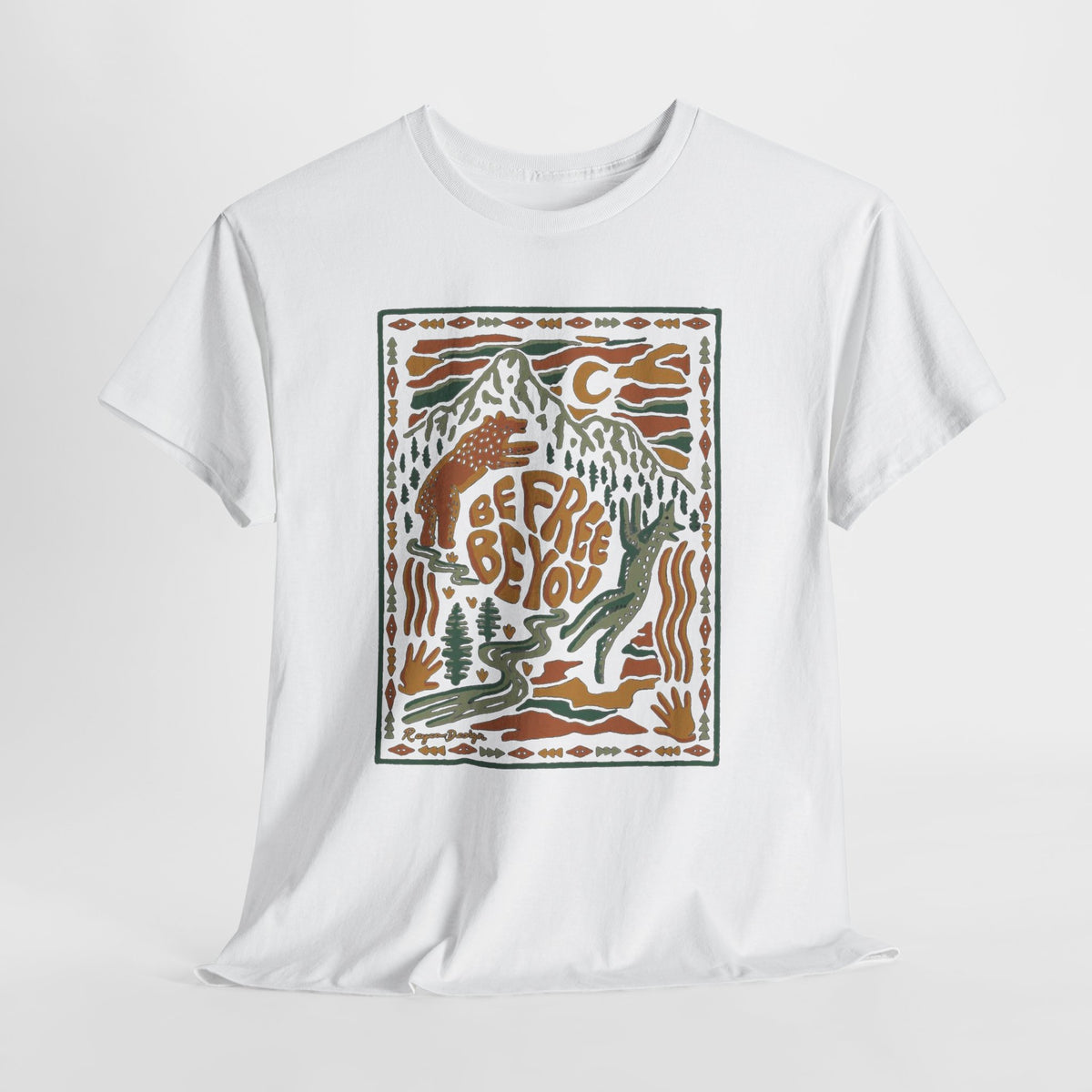 Be Free Be You t-shirt with a vintage hand-drawn mountain scene