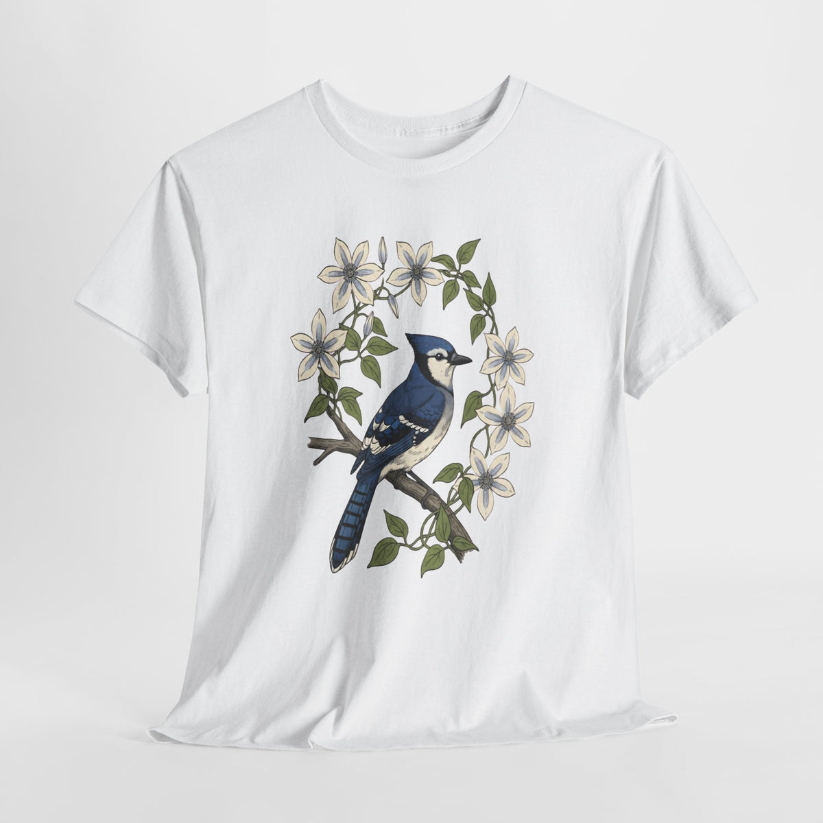 Blue jay t-shirt with a watercolor blue jay among white blossoms