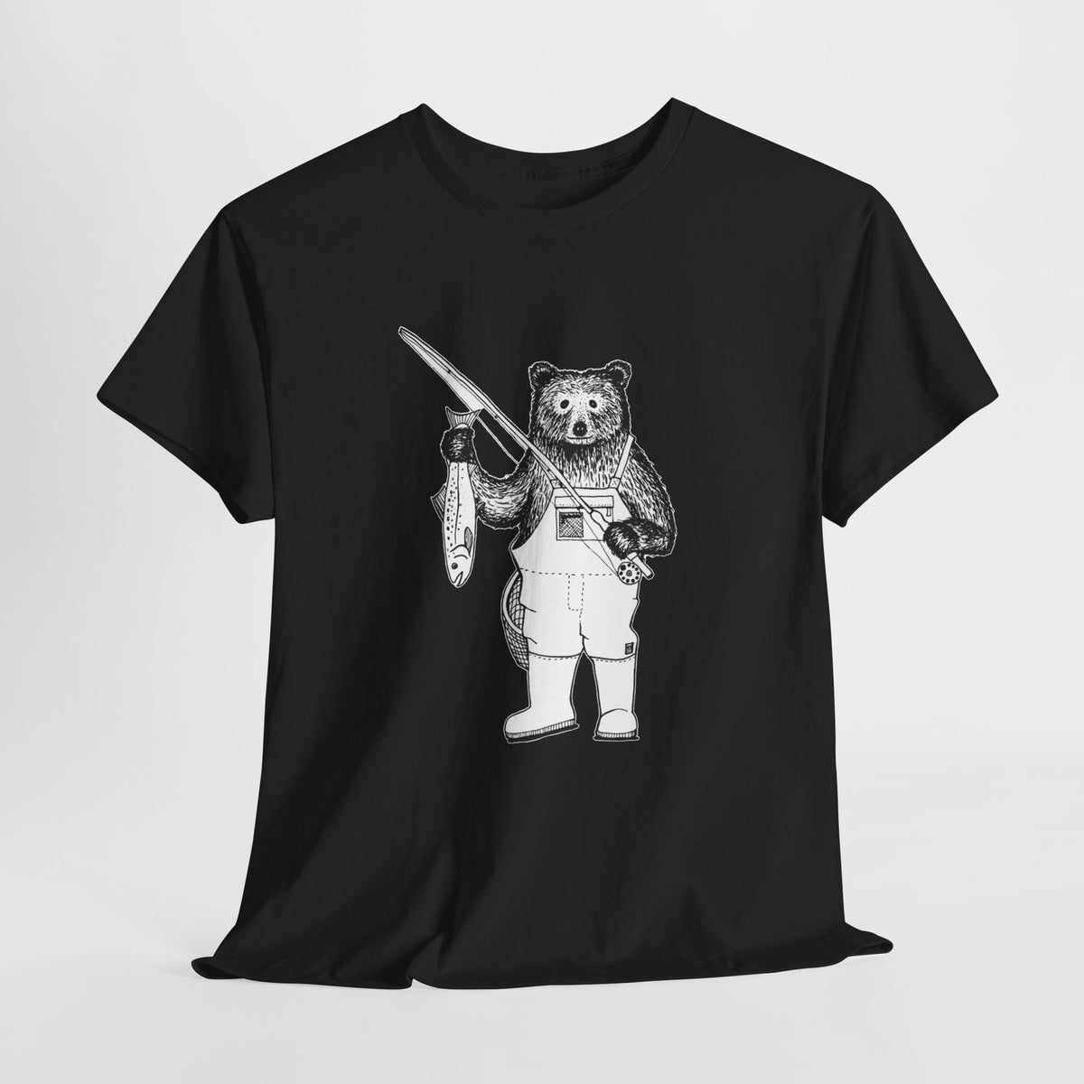 Bear shirt with a hand-drawn bear fishing, printed in black ink