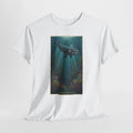 Right whale t-shirt with a vintage North Atlantic right whale (Eubalaena glacialis) over kelp and coral