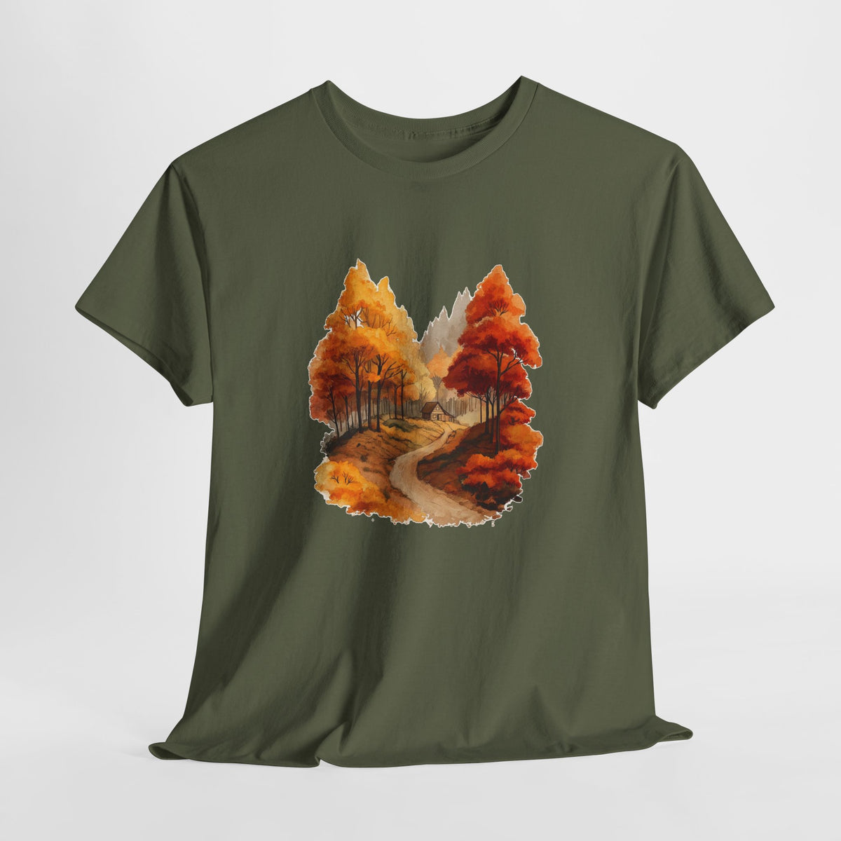 Autumn forest t-shirt with a watercolor winding path through amber trees