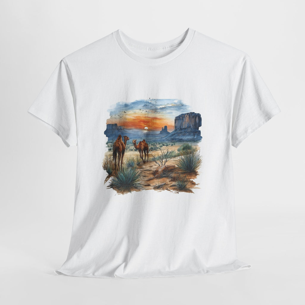 Watercolor desert t-shirt with camels walking toward a setting sun and sandstone buttes