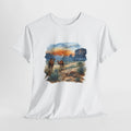 Watercolor desert t-shirt with camels walking toward a setting sun and sandstone buttes