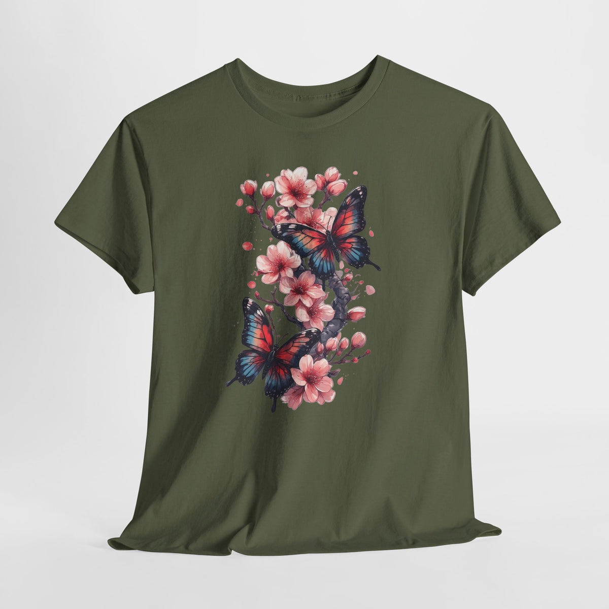 Floral t-shirt with two watercolor butterflies among pink cherry blossoms