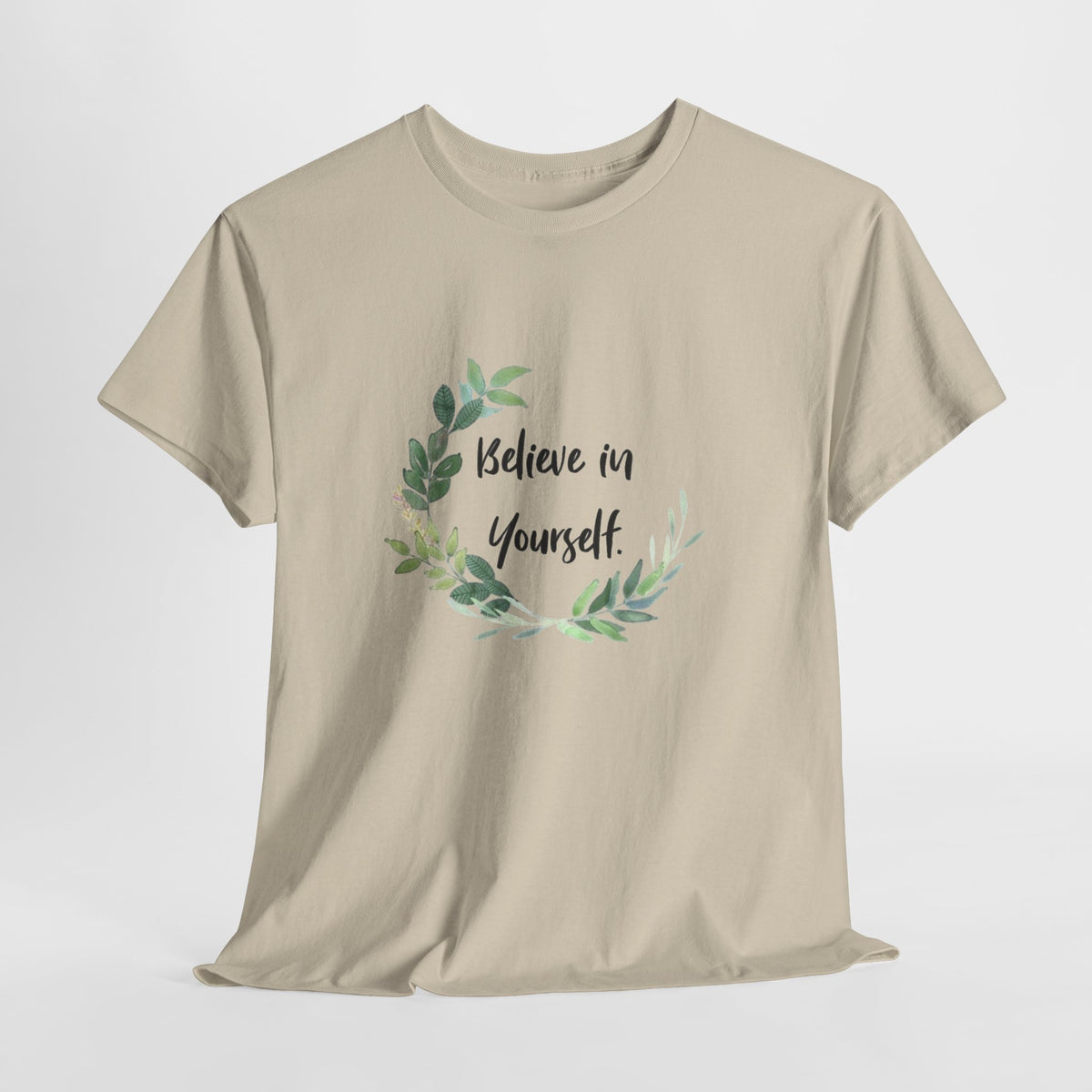 Inspirational t-shirt with 'Believe in Yourself' inside a watercolor leaf wreath