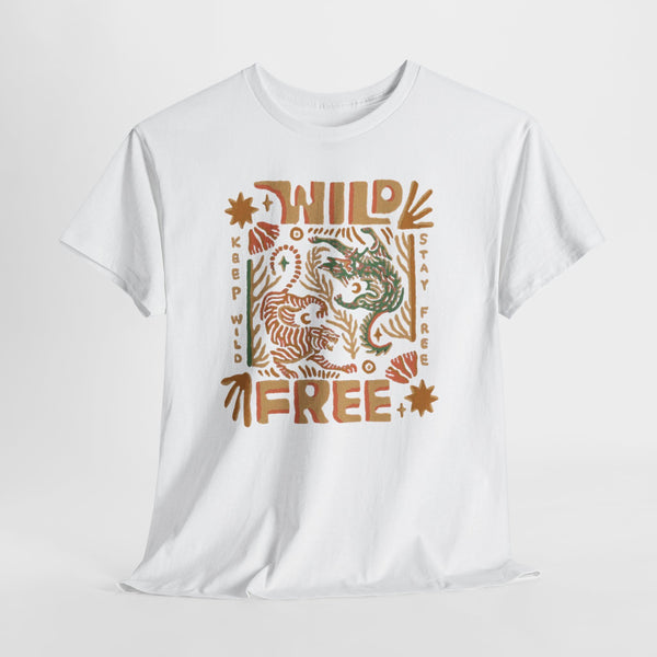 Wild & Free t-shirt with retro tigers among leaves and sunbursts