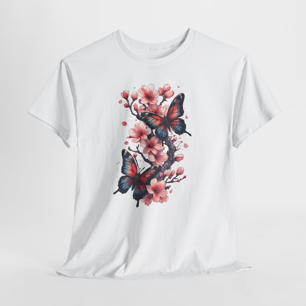 Floral t-shirt with two watercolor butterflies among pink cherry blossoms