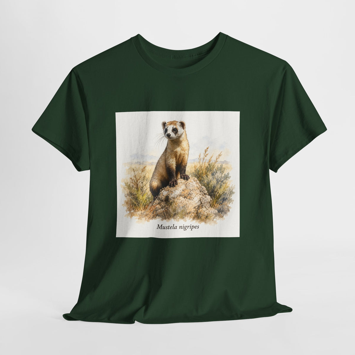Black-footed ferret t-shirt with a ferret illustration among windswept grasses
