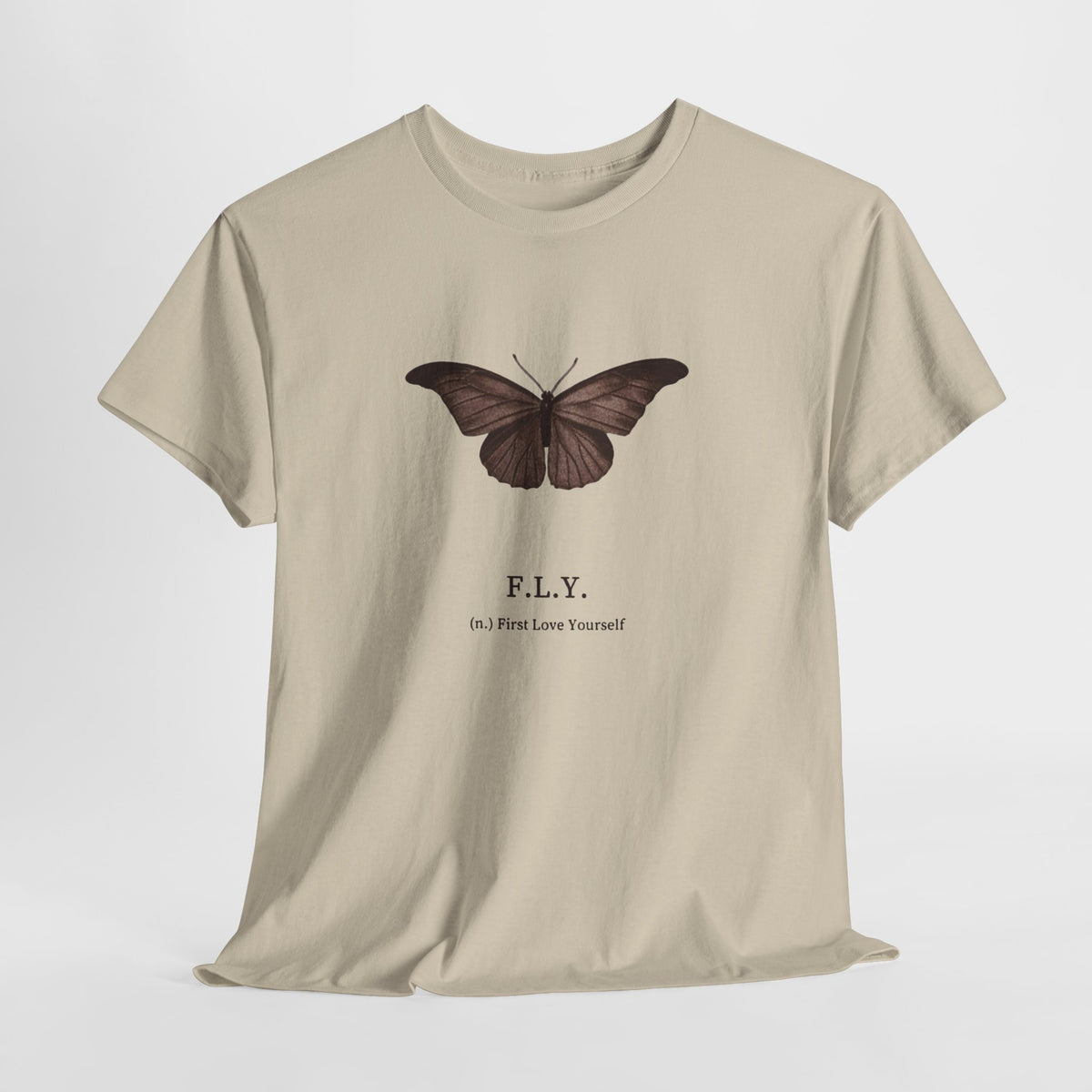 Butterfly t-shirt with a brown butterfly above the text F.L.Y.
