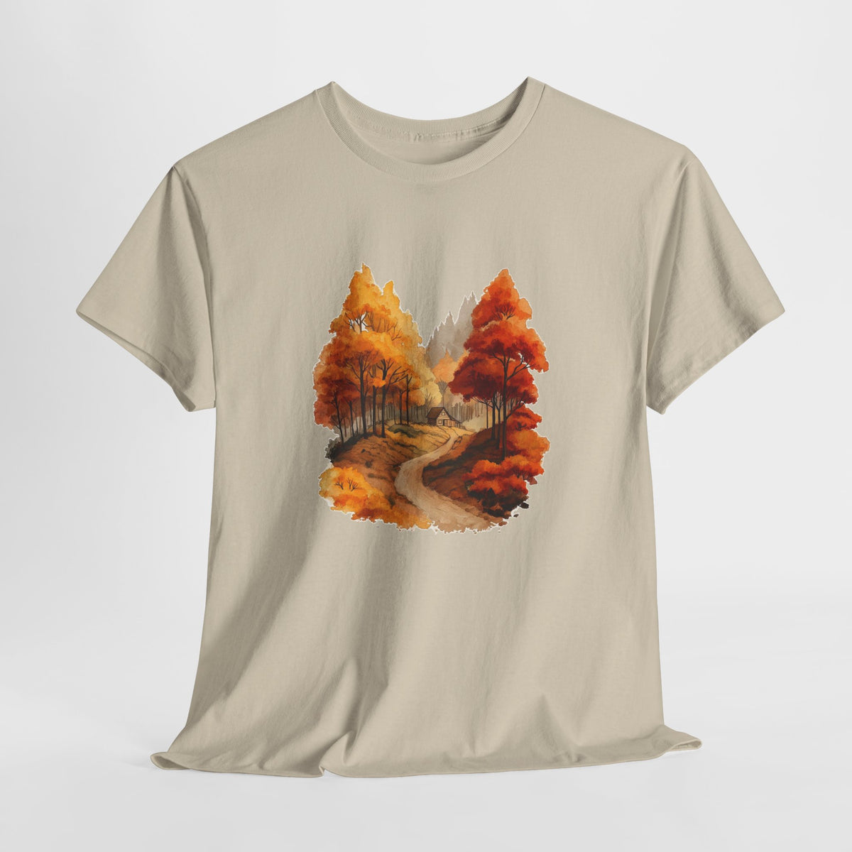 Autumn forest t-shirt with a watercolor winding path through amber trees