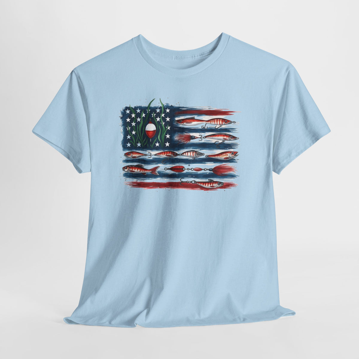 American flag fishing t-shirt with a distressed, hand-painted American flag