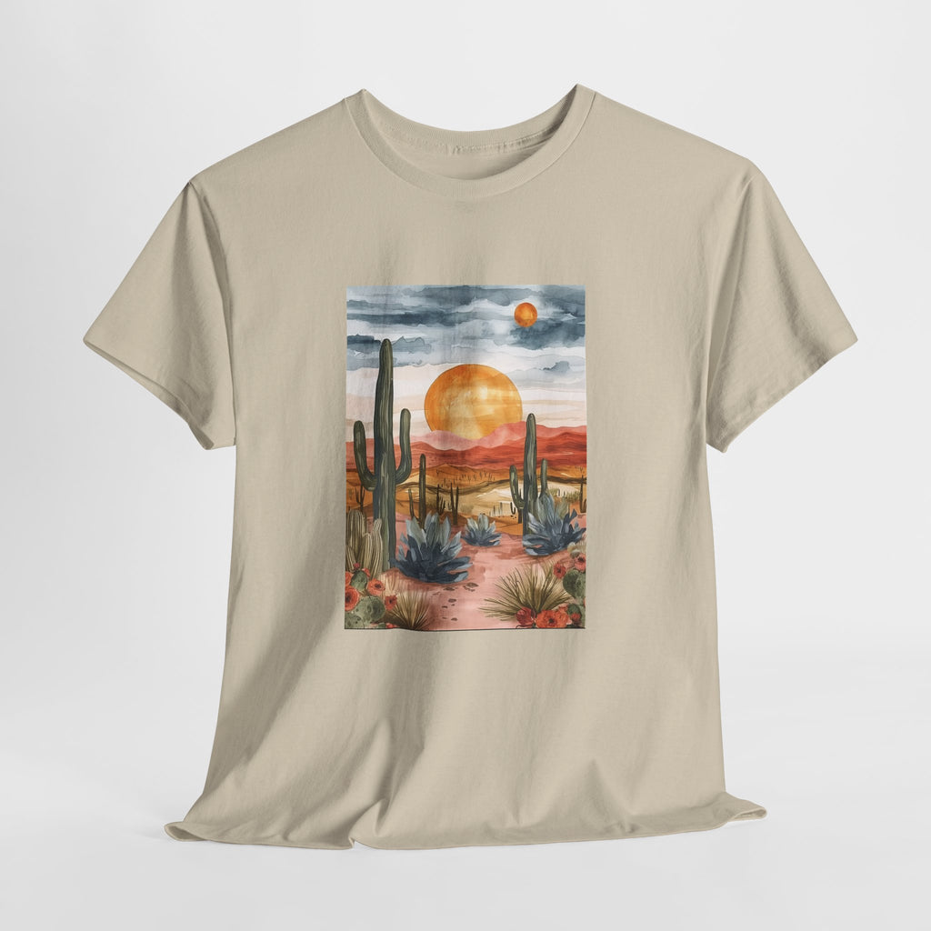 Desert sunset t-shirt with watercolor saguaro cacti and an amber sun