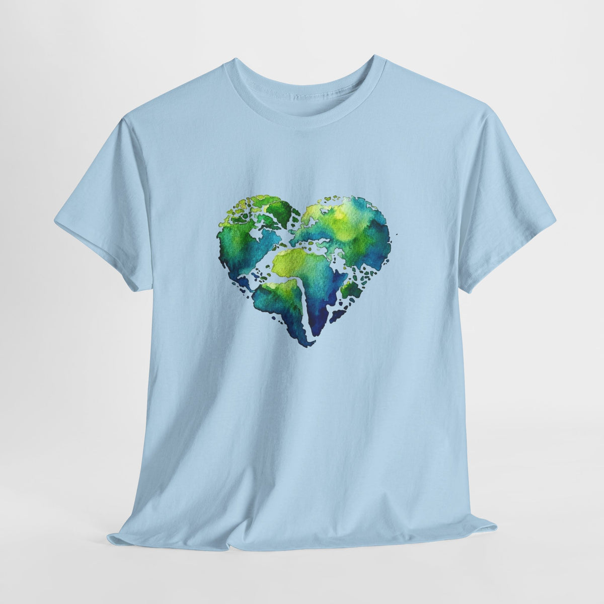 Earth t-shirt with a watercolor world map shaped into a heart