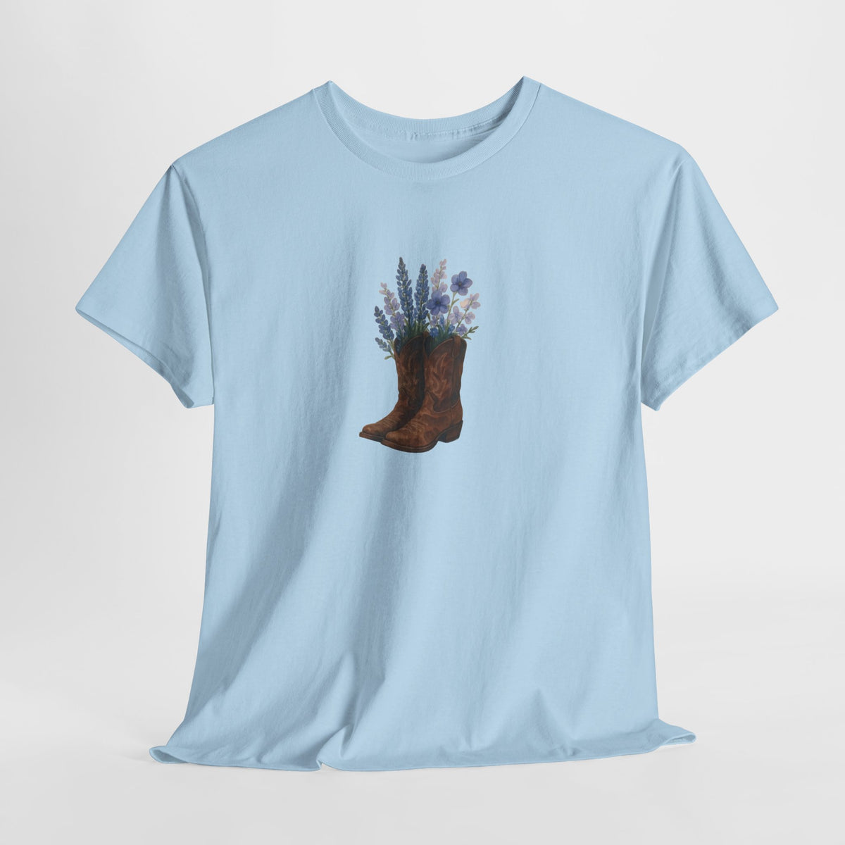 Cowboy boot floral t-shirt with distressed boots filled with lavender and wildflowers