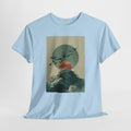 Vintage scenery shirt with a flock of birds flying over clouds at sunset