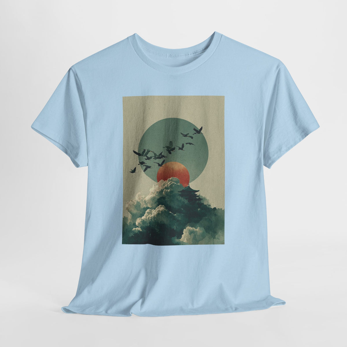 Vintage scenery shirt with a flock of birds flying over clouds at sunset