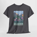 Retro Glacier National Park t-shirt with sunlit peaks and wildflower meadows
