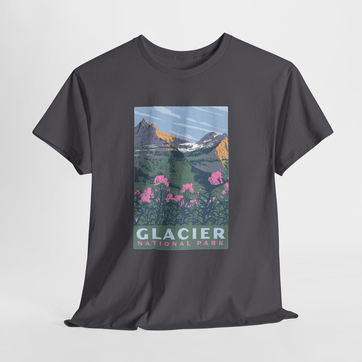 Retro Glacier National Park t-shirt with sunlit peaks and wildflower meadows
