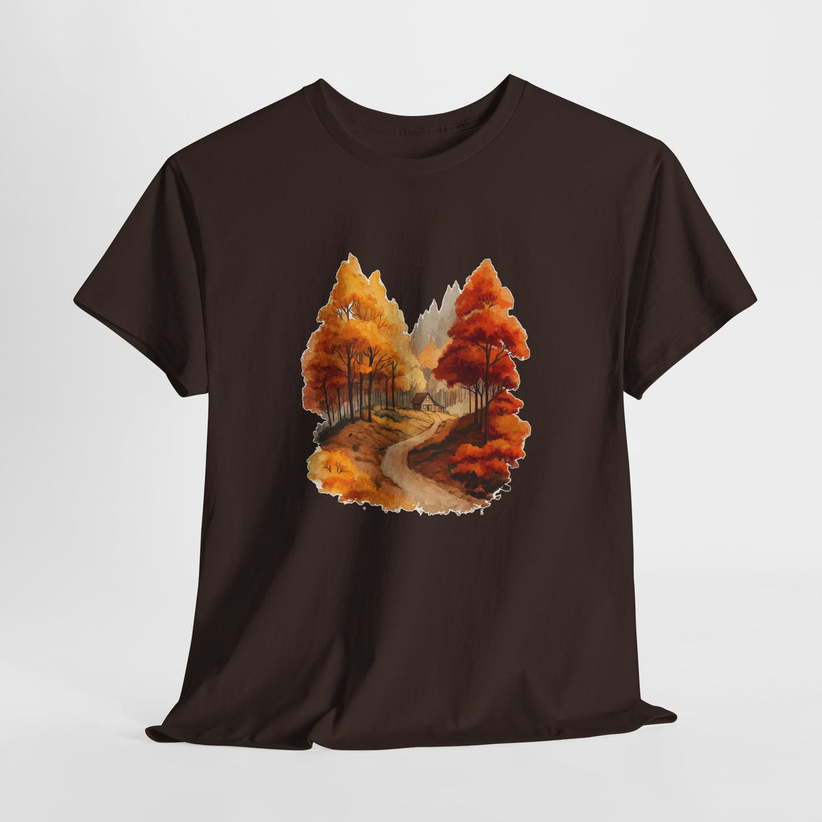 Autumn forest t-shirt with a watercolor winding path through amber trees