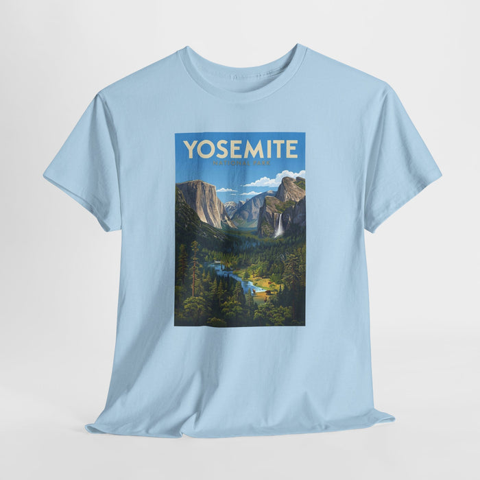 Yosemite vintage poster t-shirt with granite cliffs, pines and a river