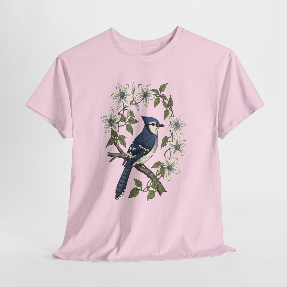 Blue jay t-shirt with a watercolor blue jay among white blossoms