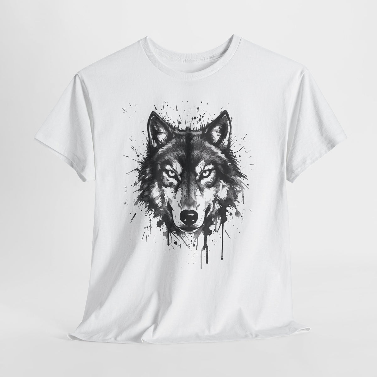 Wolf t-shirt with an ink-splatter wolf head portrait