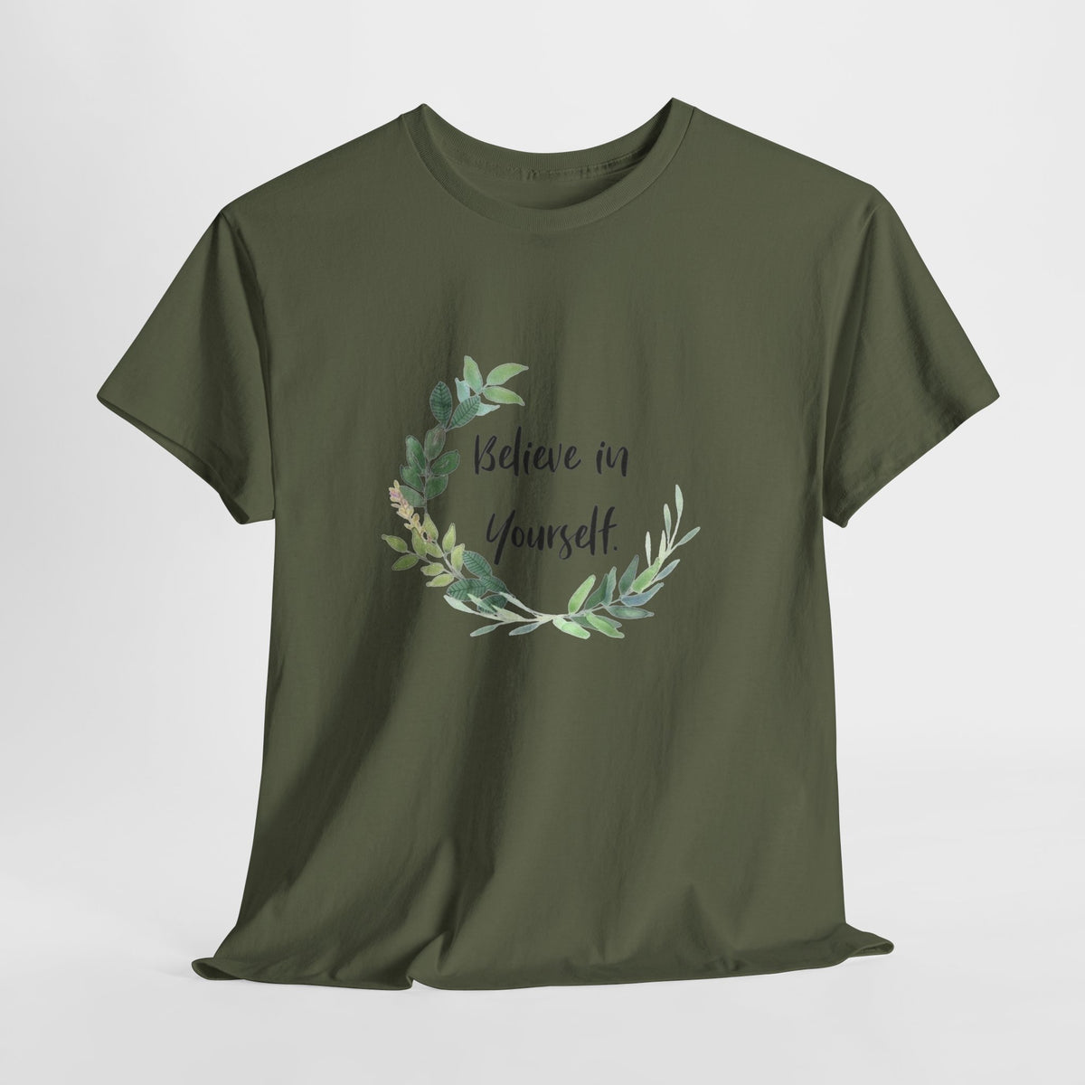 Inspirational t-shirt with 'Believe in Yourself' inside a watercolor leaf wreath