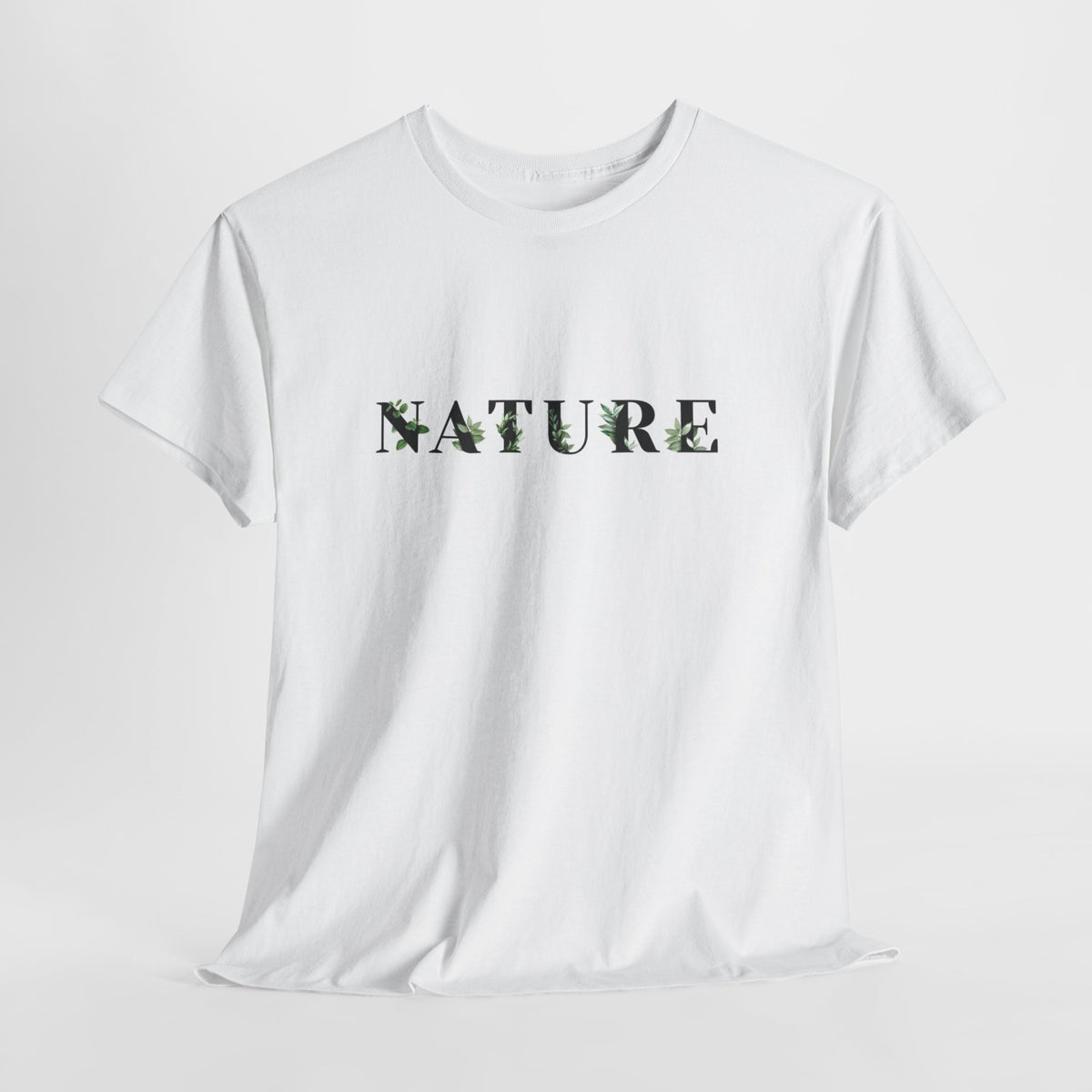 Nature t-shirt with the word NATURE filled with leaf and fern textures