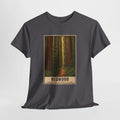Redwood forest vintage poster t-shirt with giant trunks along a sunlit forest path
