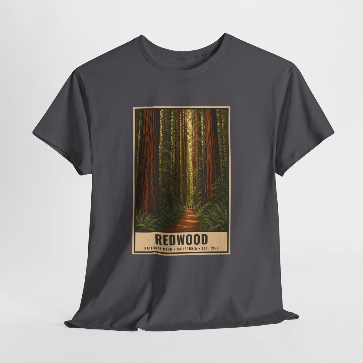 Redwood forest vintage poster t-shirt with giant trunks along a sunlit forest path