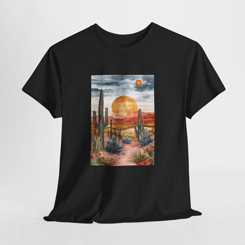 Desert sunset t-shirt with watercolor saguaro cacti and an amber sun