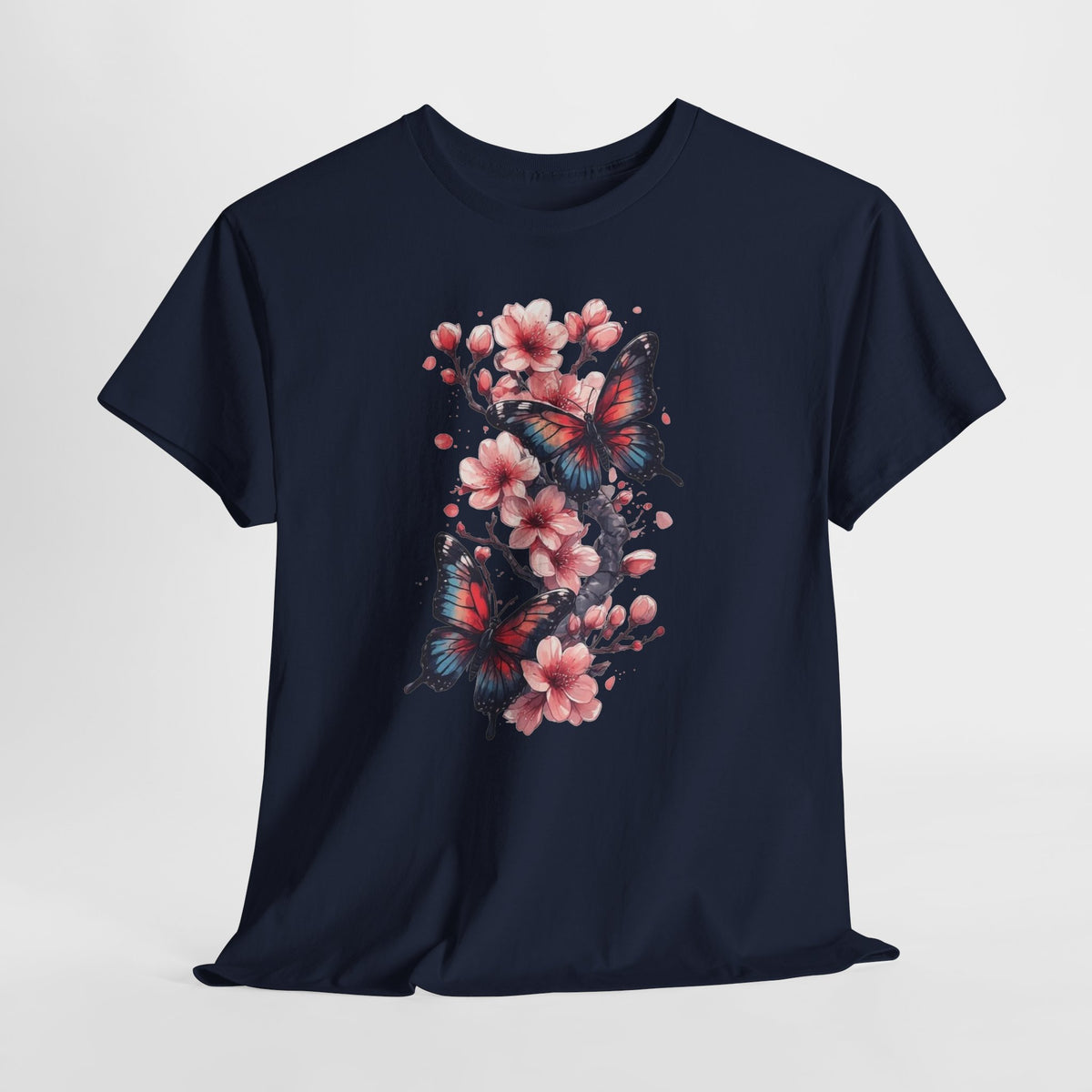 Floral t-shirt with two watercolor butterflies among pink cherry blossoms