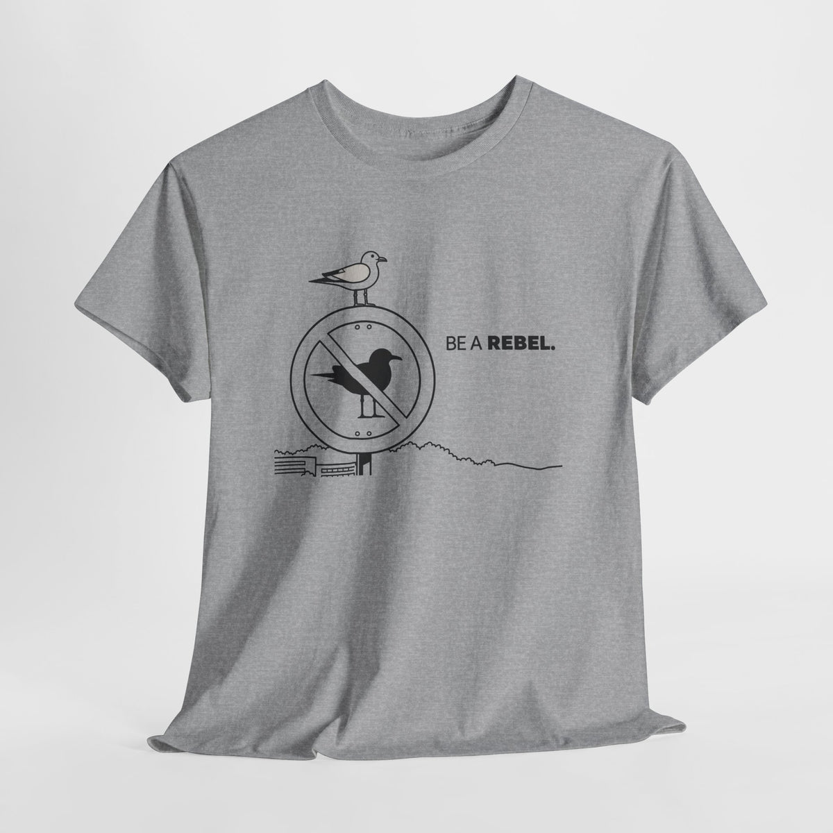 Funny seagull t-shirt with a seagull on a 'no birds' sign and 'Be a Rebel' lettering