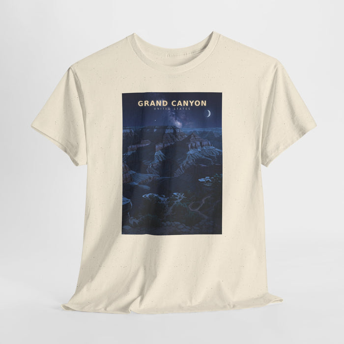 Grand Canyon night sky t-shirt with moonlit canyon cliffs in deep indigo