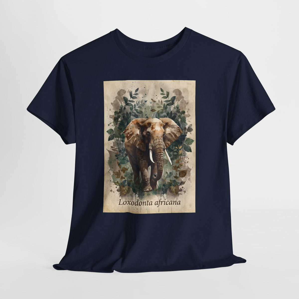 African elephant t-shirt with a watercolor elephant labelled Loxodonta africana