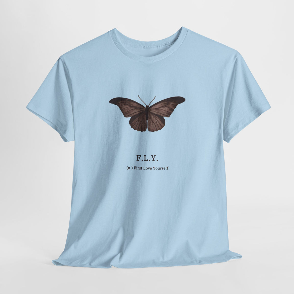 Butterfly t-shirt with a brown butterfly above the text F.L.Y.