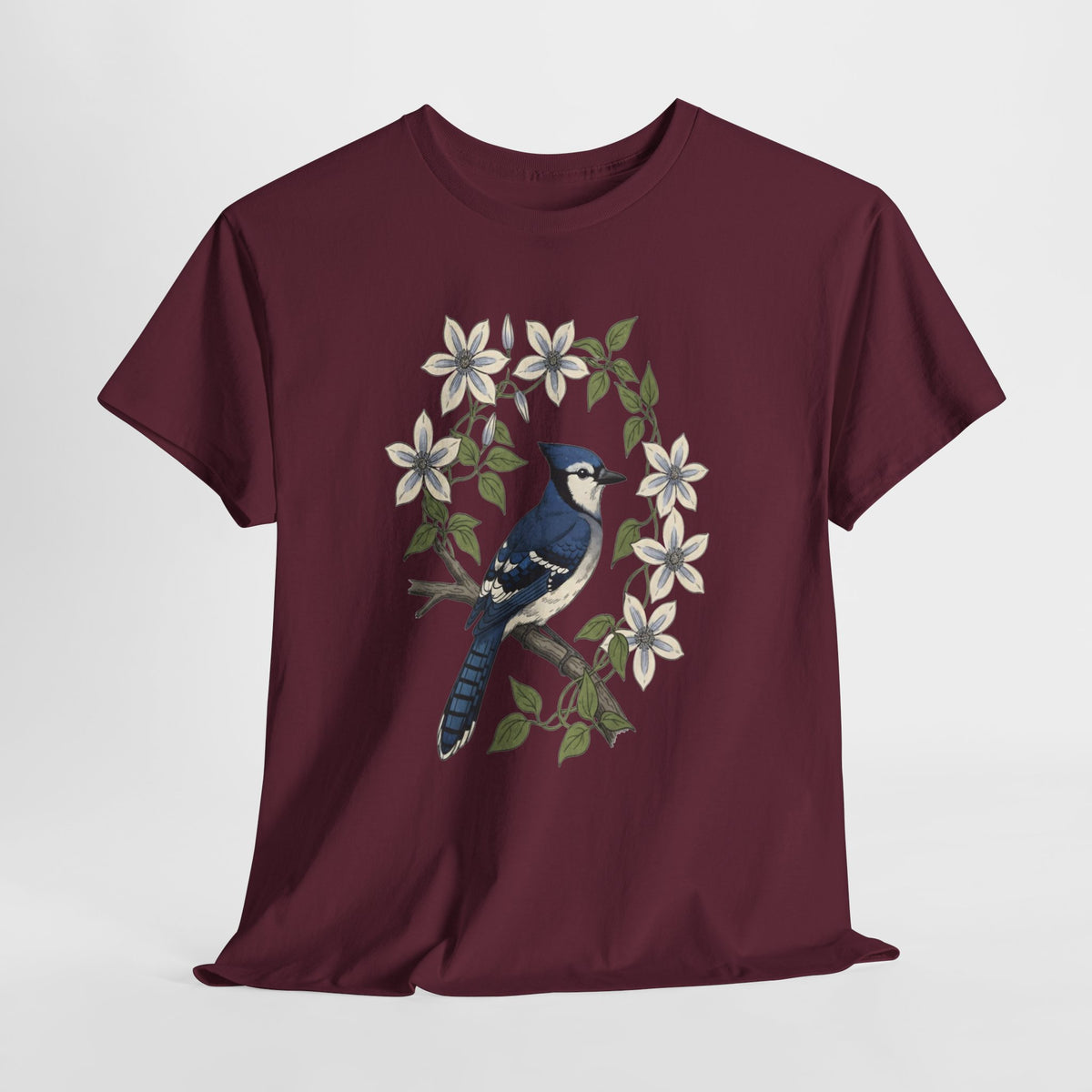 Blue jay t-shirt with a watercolor blue jay among white blossoms