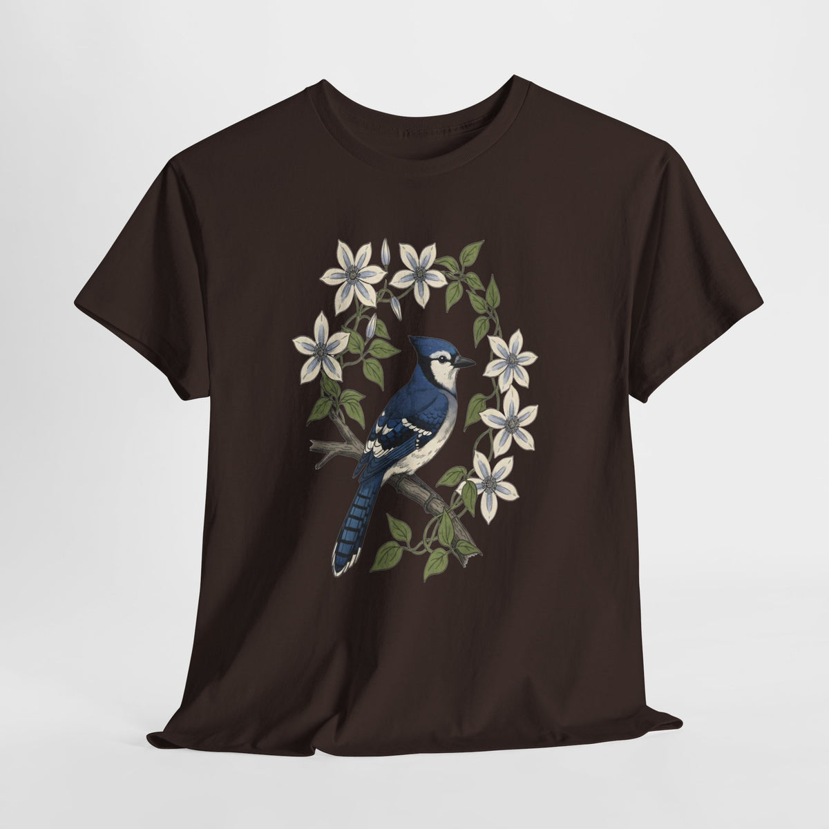 Blue jay t-shirt with a watercolor blue jay among white blossoms