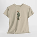 Cactus t-shirt with a hand-painted cactus wearing a cowboy hat among desert flowers