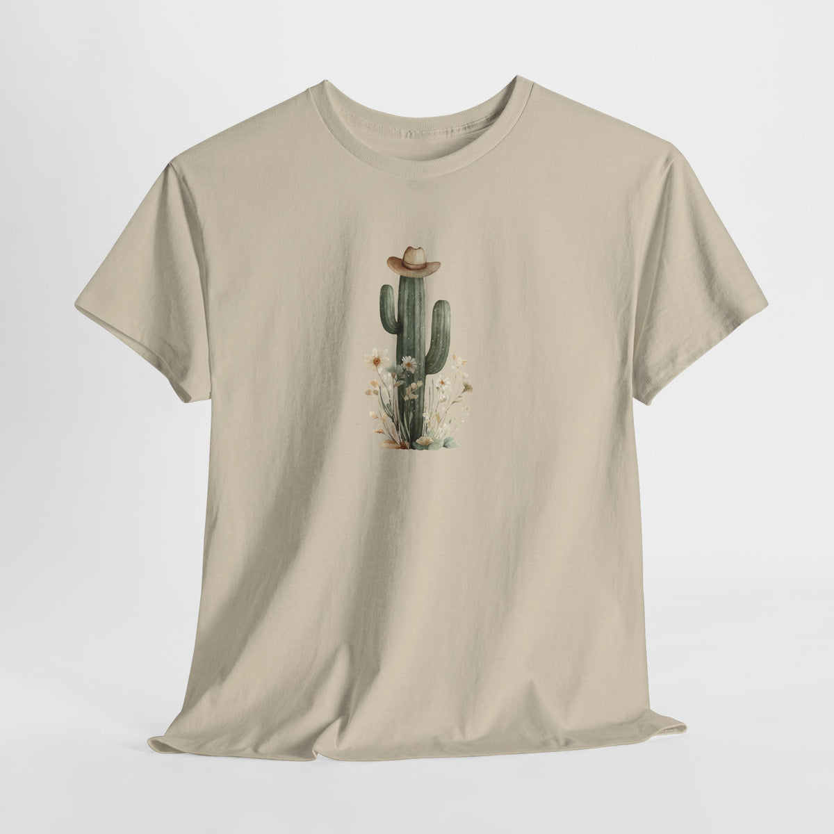 Cactus t-shirt with a hand-painted cactus wearing a cowboy hat among desert flowers