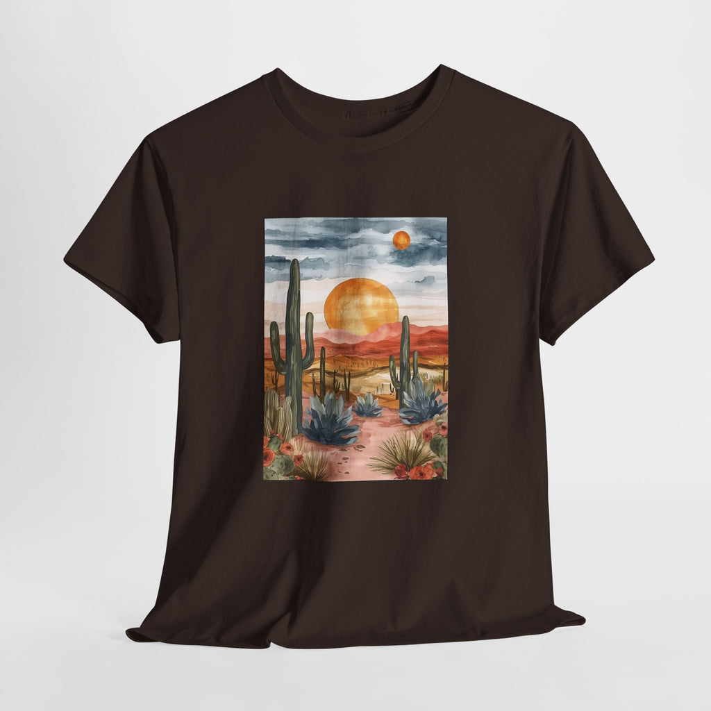 Desert sunset t-shirt with watercolor saguaro cacti and an amber sun